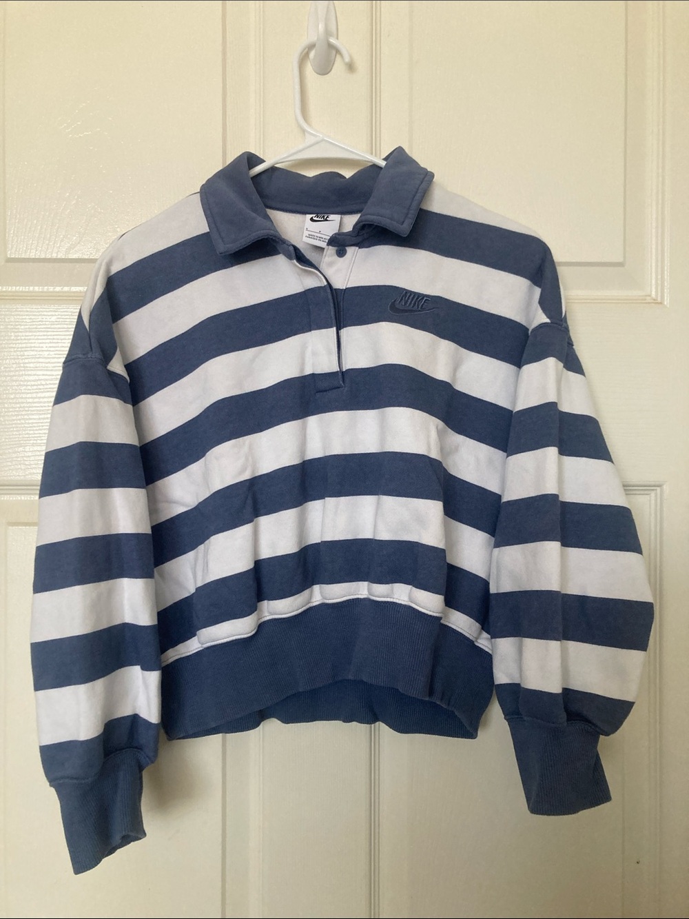Nike Blue and White Striped Polo Sweatshirt